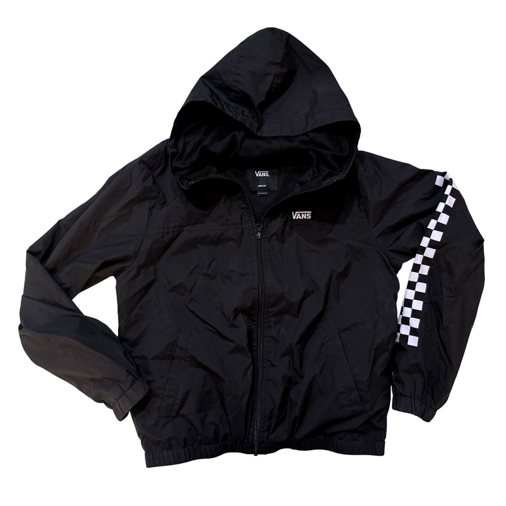 Vans Mens Black Checkerboard Sleeve Hooded Windbreaker‎ Jacket Medium Skater